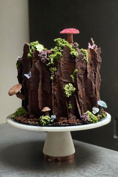 a cake with chocolate icing and green decorations