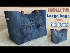 an old jeans bag is sitting on top of a doily with the words how to large bags from old jeans