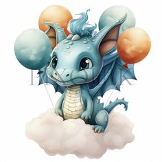 a blue dragon sitting on top of a cloud with balloons in it's mouth