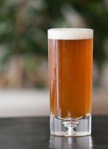 a tall glass filled with beer sitting on top of a table next to a potted plant