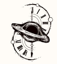 a black and white drawing of a saturn clock