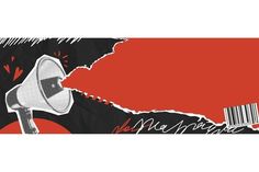 a red and black banner with an image of a megaphone in the middle of it