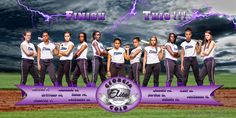 the softball team is posing for a photo in front of a lightning storm behind them