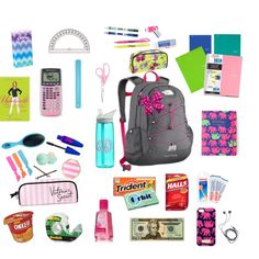 the contents of a back to school backpack laid out