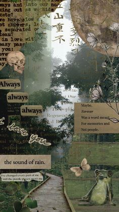 altered collage with words and images about nature