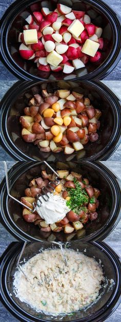 three bowls filled with different types of food on top of a table next to each other