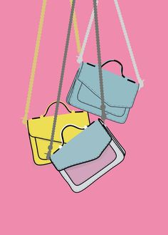 two purses hanging from strings against a pink background with yellow and blue bags on them