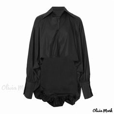 Olivia Mark - Stylish Vintage Batwing Long Sleeve Shirt with Turn-down Collar and Oversized Puff Design for a Casual yet Fashionable Look Black Oversized Shirt For Spring, Oversized Black Shirt For Spring, Spring Oversized Black Shirt, Spring Black Oversized Shirt, Long Sleeve Black Tops For Daywear, Black Long Sleeve Tops For Daywear, Black Oversized Tops For Daywear, Black Tops For Daywear In Fall, Black Tops For Fall Daywear