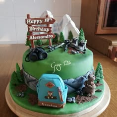 a birthday cake with an image of a camping theme on it's top and the words happy 10th birthday alesandro