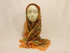 Vintage 1960’s Indian-Influenced Tangerine Orange Silk Scarf, 18” x 72” Gently Used, Excellent Condition Beautiful vintage 1960’s Indian-influenced tangerine orange silk scarf Very gently worn and in excellent condition No perfume smell 18” wide and 72” long Indian clay pots at ends, geometric shapes along sides. Please see the pictures for the inside tear drop patterns. Other colors in the scarf: brown/burgundy geometric designs, dark teal, olive green   Buy with confidence! Shipping Informatio Vintage Silk Scarf For Festivals, Vintage Multicolor Scarves For Festival, Vintage Festive Dupatta With Traditional Patterns, Festive Vintage Dupatta With Traditional Patterns, Vintage Multicolor Dupatta For Festivals, Vintage Multicolor Dupatta, Multicolor Vintage Dupatta, Vintage Dupatta For Festivals, Festive Vintage Dupatta