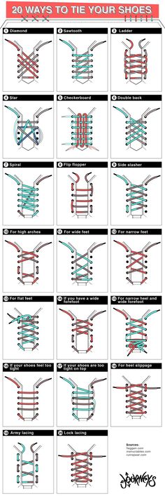 20 illustrations showing how to tie shoe laces in different ways. Lacing Patterns For Shoes, Cute Ways To Tie Your Shoes Laces, Cute Ways To Do Your Shoelaces, Cool Show Lace Patterns, Different Ways To Put Laces On Shoes, Cool Things To Do With Shoe Laces, Show Laces Tying, How To Make Your Shoe Laces Look Cool, How To Put In Shoe Laces