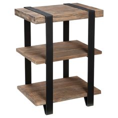 a wooden table with two black metal shelves on each side and an open shelf below it