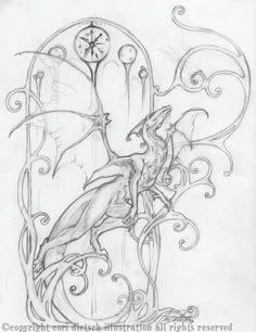 a pencil drawing of a dragon with a clock in the background