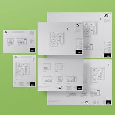 four pieces of white paper with black numbers on them and some type of floor plans