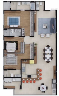 an overhead view of a floor plan with furniture and living room in the middle area