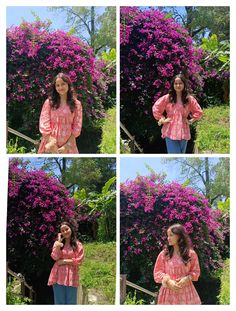 four pictures of a woman standing in front of purple bougaia bushes and talking on her cell phone