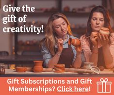 two women sitting at a table eating donuts with the words give the gift of creativity