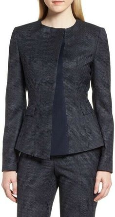 For Sale 100% Authentic Hugo BOSS Blue Jadela1 Asymmetrical Windowpane Wool Jacket/Pants Set SZ 10 Details Color: Navy/White Size: 10Measurements for the jacket: Shoulder width: 16" Armpit to armpit: 20.5"  Waist:17" across Hem: 23" across Length From shoulder: 23.5" Sleeves: 24"Measurements for the pants: Waist: 18" across Inseam: 31.5" Hip:21.5" across rise front:10.5" total length:41" Hem: 10" across Details & Care: Boss Hugp Boss Jadela1 Asymmetrical Windowpane Wool Jacket and pants  Retails Hugo Boss Women, Woman Suit, Simple Style Outfits, Sheath Dresses, Business Suits, Ladies Blazer, High Court, Navy Blue Blazer, Woman Suit Fashion