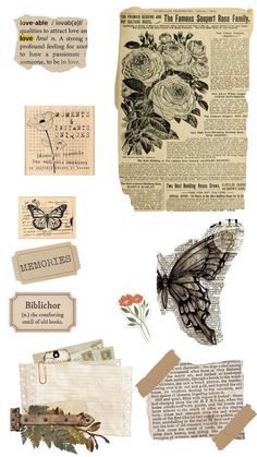 an assortment of papers and stickers on top of each other, with flowers in the middle