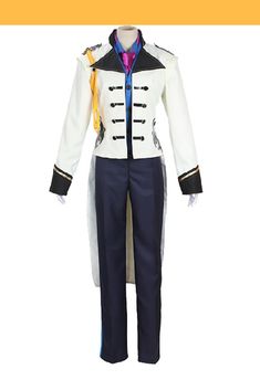 a white jacket and blue pants with black trims on the bottom, and yellow ties