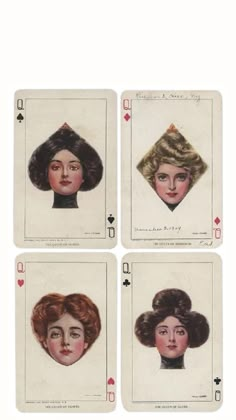 four playing cards with women's hair on them