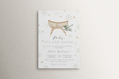 a white and gold christmas party card with a reindeer on it's head, surrounded by snowflakes