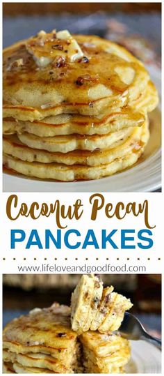 coconut pecan pancakes on a white plate with text overlay