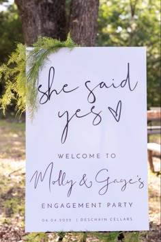 Engagement party, engagement sign, engagement decor, wedding sign, sign inspo, white & black sign, wedding, nature Forest Engagement Party, Engagement Party Venue Decorations, Backyard Party Engagement, Budget Friendly Engagement Party, Homemade Engagement Decorations, Engagement Signs Ideas Diy, Garden Engagement Party Decorations, Garden Theme Engagement Party