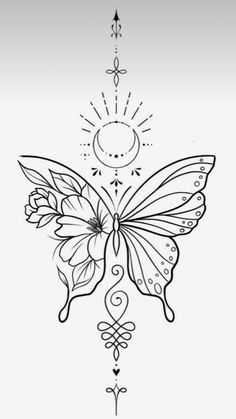 a drawing of a butterfly with an arrow on it's back and stars above the wings