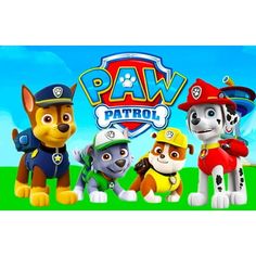 the paw patrol characters are standing in front of a blue and green field with clouds