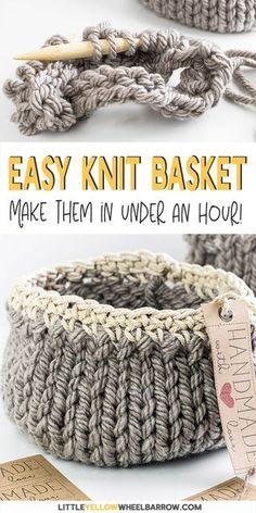 an easy knit basket is shown with the instructions to make it in under an hour