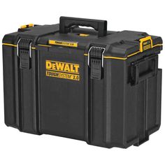 a black tool box with yellow handles