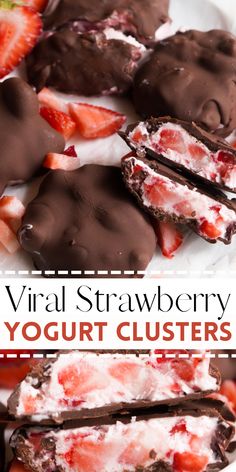 chocolate covered strawberries are on a plate with the words virtual strawberry yogurt clusters