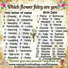 a sign that says which flower fairy are you? with the names and numbers on it