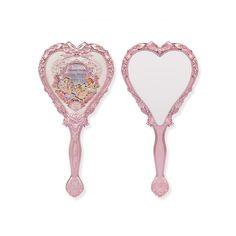 two pink and white heart shaped mirrors on a white background, one is holding a mirror in the shape of a heart