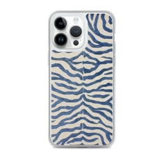 an iphone case with blue zebra print on the front and back cover, in white