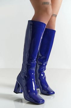 Hypnotize Calf Boot - Blue | Shop Noctex Mini Heels, Unique Heels, Mini Dress Blue, Funky Shoes, Leather Block Heels, Calf Boots, Dress Blue, Sock Shoes, Side Zip