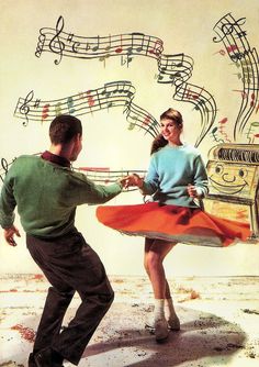 a man and woman dancing in front of musical notes