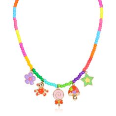 PRICES MAY VARY. ♥COLORFUL BEADED NECKLACE♥This adorable colored seed bead necklace with cute pendant is a fashionable adventure, injecting the magic of colors into your everyday attire. Each colored rice bead resembles joyful particles, strung together to form a unique necklace. The hanging purple flower, gold bear, pink lollipop, colorful mushroom, and green heart pendants at the bottom add a playful personality, adding a splash of color to the overall look. ♥BEADED NECKLACE WITH CUTE CHARM♥Th Lollipop Flower, Miss Rabbit, Beads Choker Necklace, Colorful Beaded Necklace, Flower Bear, Beads Choker, Y2k Jewelry, Beaded Choker Necklace, Cute Charms