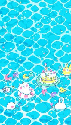 an image of some cartoon characters floating in the water with cake and other items around them