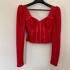 Guess Women Top Red Medium Corset Bustier Long Sleeve Zip Back Pleated Shoulder Stretch New New With Tags Fast Shipping Thank You Fitted Cropped Corset For Party, Cropped Fitted Corset For Parties, Red Fitted Chic Corset, Chic Red Fitted Corset, Red Fitted Top For Evening, Chic Long Sleeve Corset For Party, Fitted Red Top For Evening, Red Evening Corset, Elegant Red Corset For Night Out