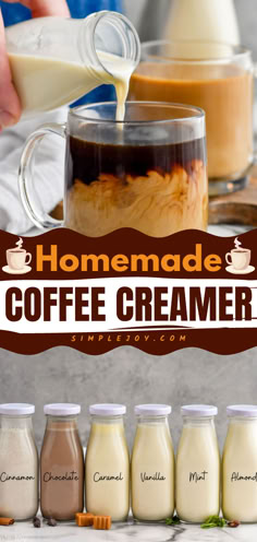 Homemade Coffee Creamer comes together with just four ingredients. Mix it up with different flavors, or try one of our six variations! Your coffee will never be the same. Dairy Free Coffee Creamer, Dairy Free Coffee, Homemade Coffee Creamer, Coffee Creamer Recipe, Creamer Recipe