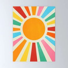 an abstract painting with multicolored lines and a sunburst