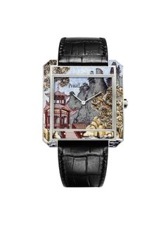 This Piaget Protocole XXL Micro-Mosaic 830P watch is made with a white gold case with micro-mosaic. The bracelet in black alligator. #Piaget #mosaic #watch #swissmade #mythicaljourney Piaget Watch, Asian Landscape, Hand Wound, Black Alligator, Micro Mosaic, Womens Watches Luxury, Mechanical Movement