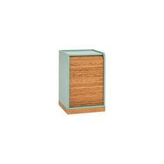 a small wooden cabinet with a light blue top and wood trim on the bottom, against a white background