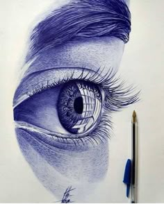 a pencil drawing of an eye with long lashes and blue eyeshade is shown