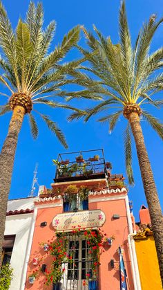 two palm trees in front of a building