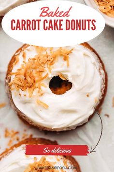 baked carrot cake donuts with white frosting and shredded coconut on top