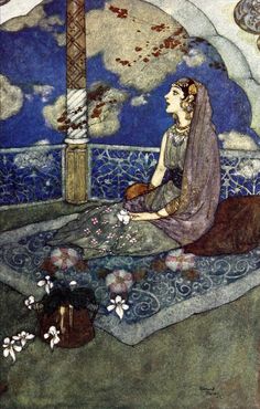 a painting of a woman sitting on top of a bed with flowers in her hair