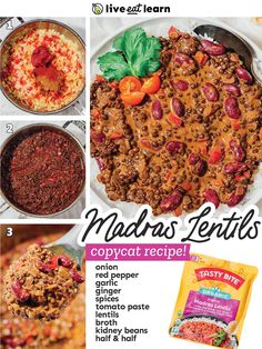 the recipe for madara's lentils is shown in four different pictures and includes instructions to make it